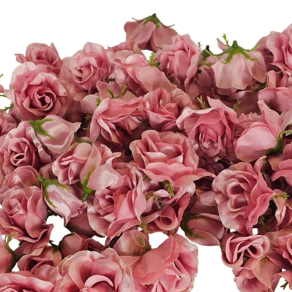 105 Pink Satin Rose Heads Lot Open Roses Buds Stemless Wedding Craft Flower